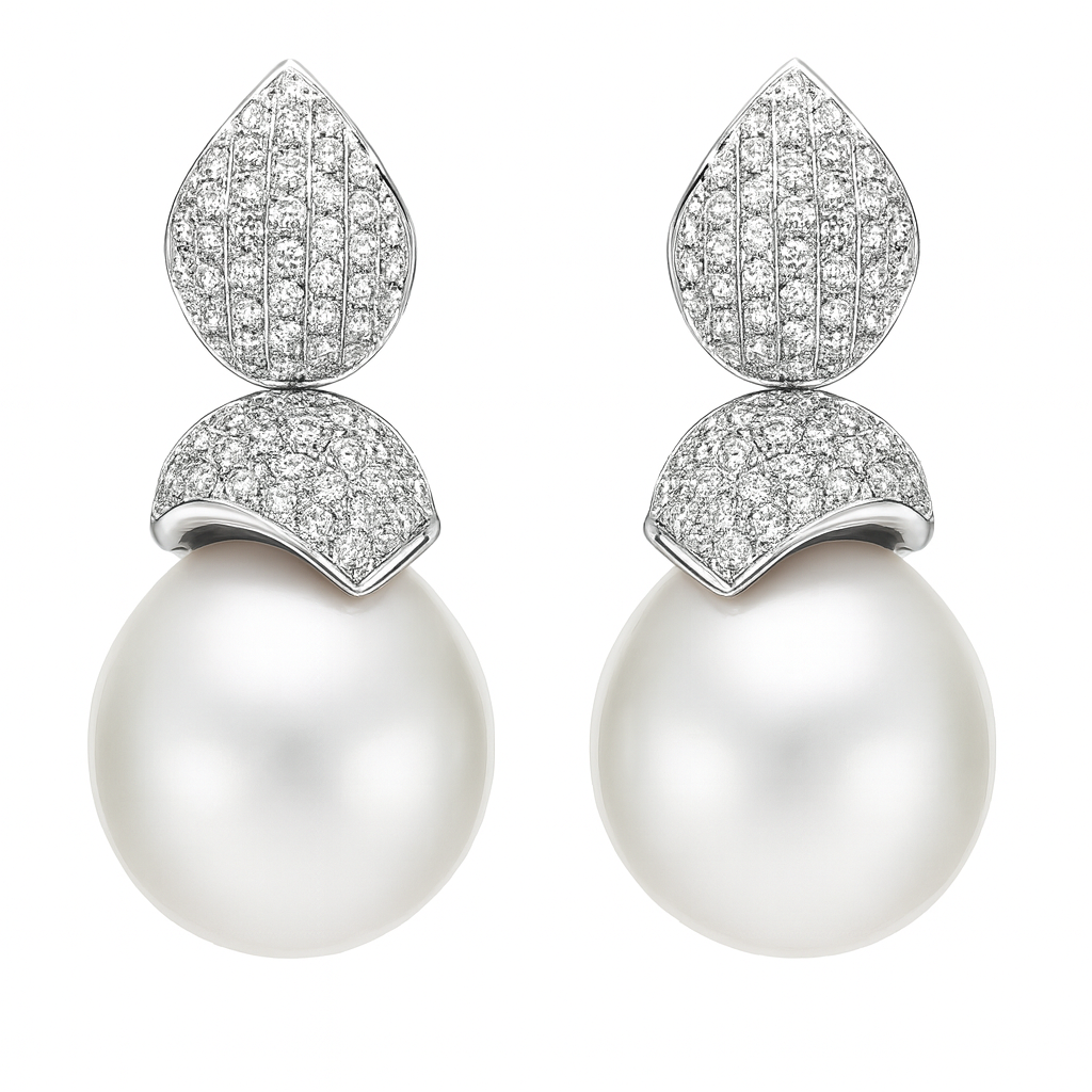 14K White Gold Diamond And South Sea Pearl Drop Earrings