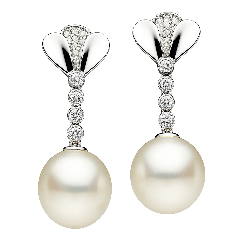 14K White Gold Diamond And South Sea Pearl Drop Earrings