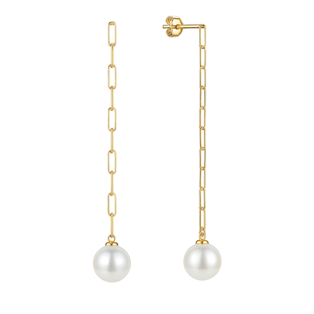 14K Yellow Gold Paperclip Chain Freshwater Pearl Drop Earrings