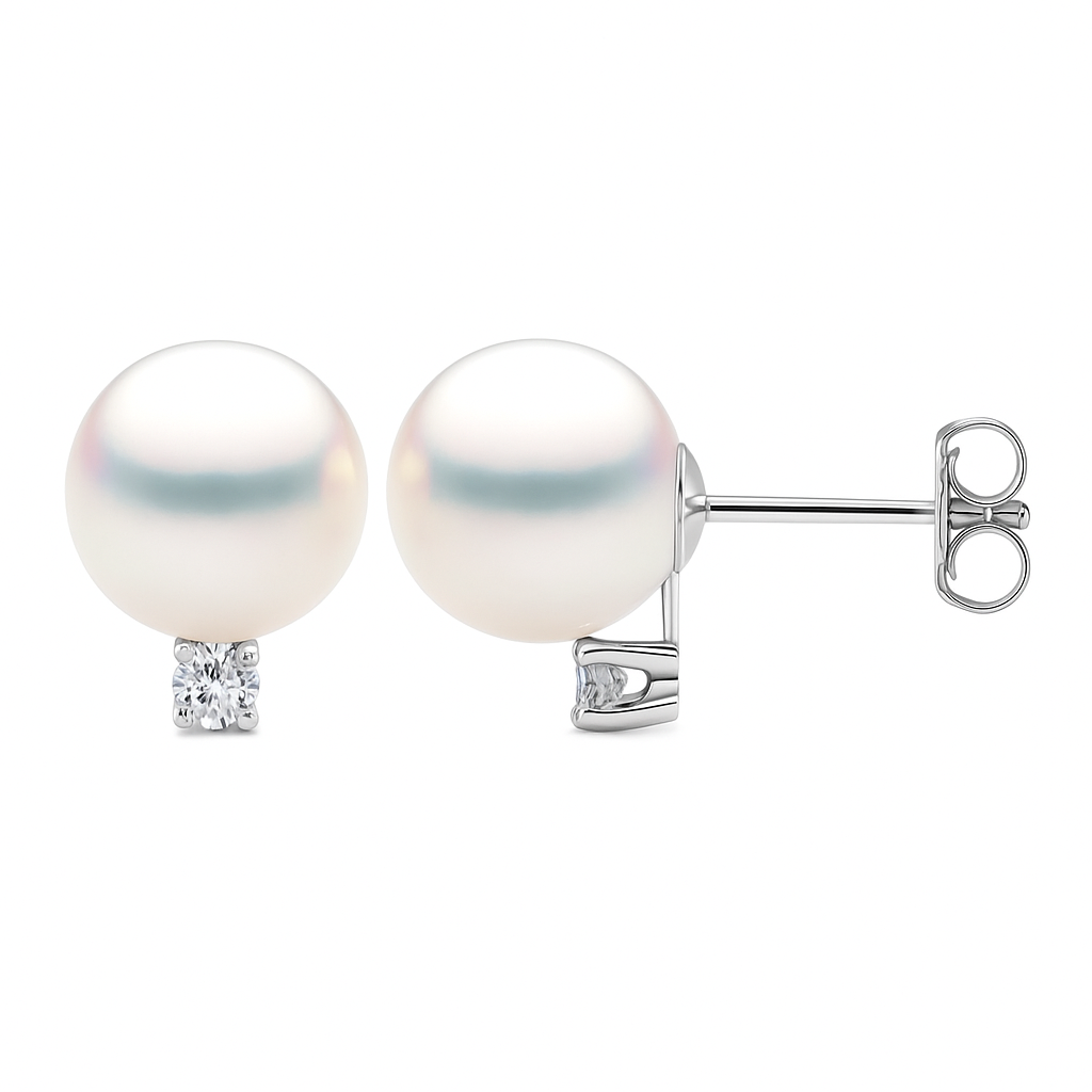 14K White Gold Cultured Akoya Pearl And Diamond Stud Earrings
