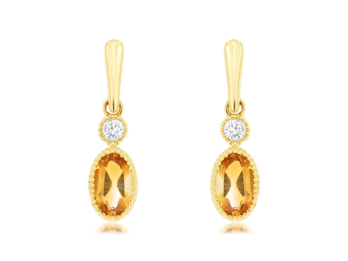 14K Yellow Gold Oval Citrine & Diamond Earrings