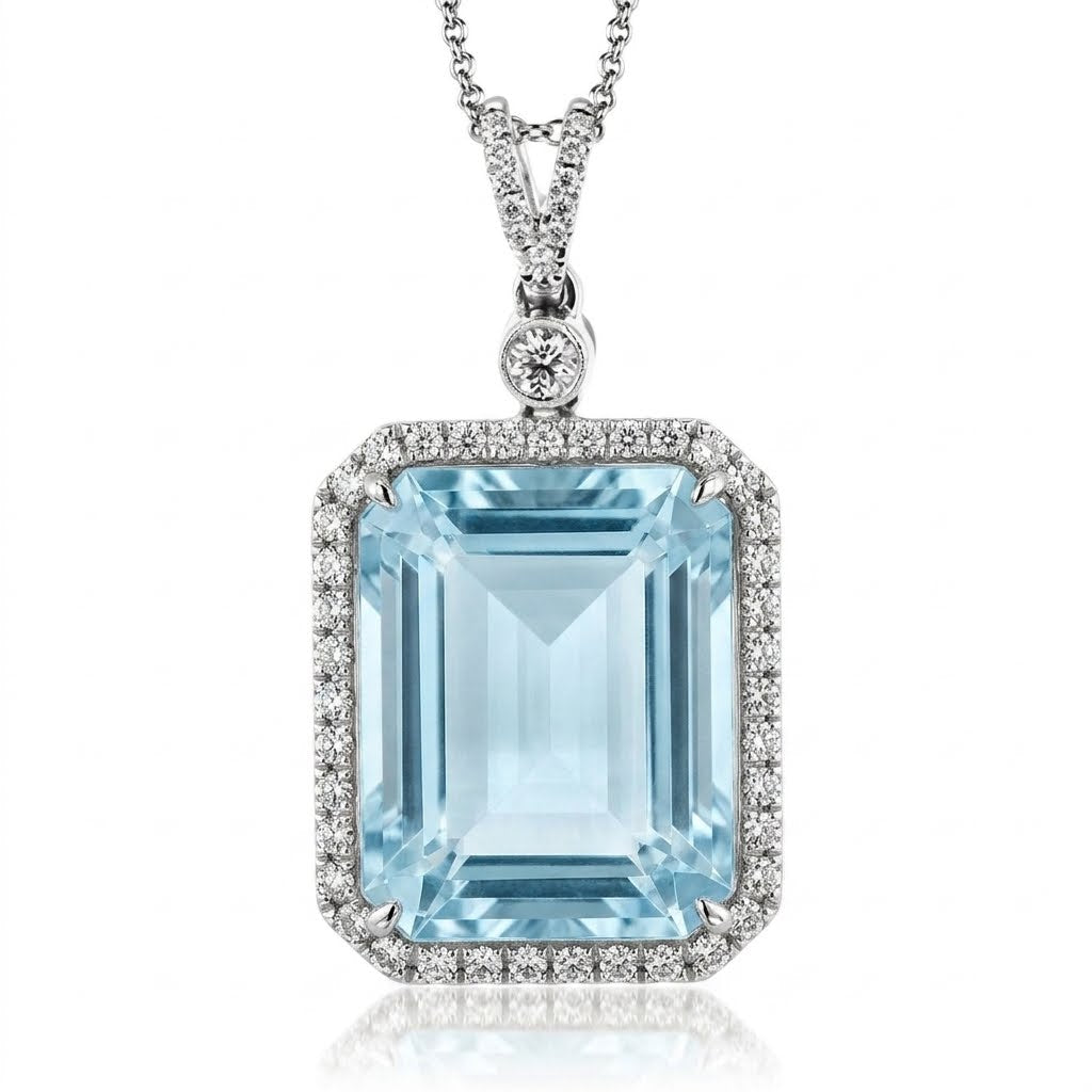 Simon G. 18K White Gold Aquamarine & Round Diamond Necklace