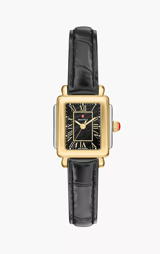 Michele Deco Madison Mini Two-Tone Black Mother-Of-Pearl Dial Leather Strap Watch