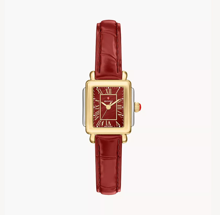 Michele Deco Madison Mini Two-Tone Ruby Red Mother-Of-Pearl Dial Leather Strap Watch