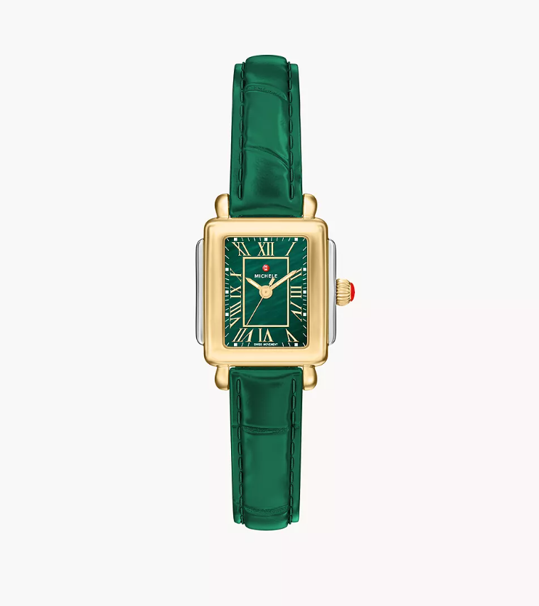 Michele Deco Madison Mini Two-Tone Lush Green Mother-Of-Pearl Dial Leather Strap Watch
