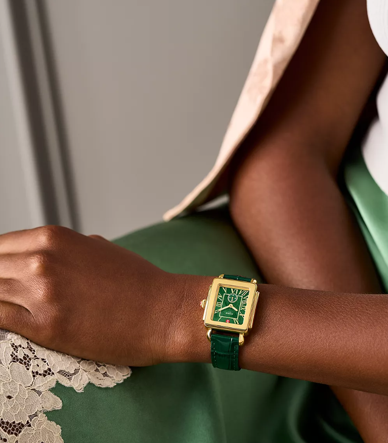 Michele Deco Sport Mid Yellow Gold Plated 31Mm Lush Green Dial Green Leather Strap Watch
