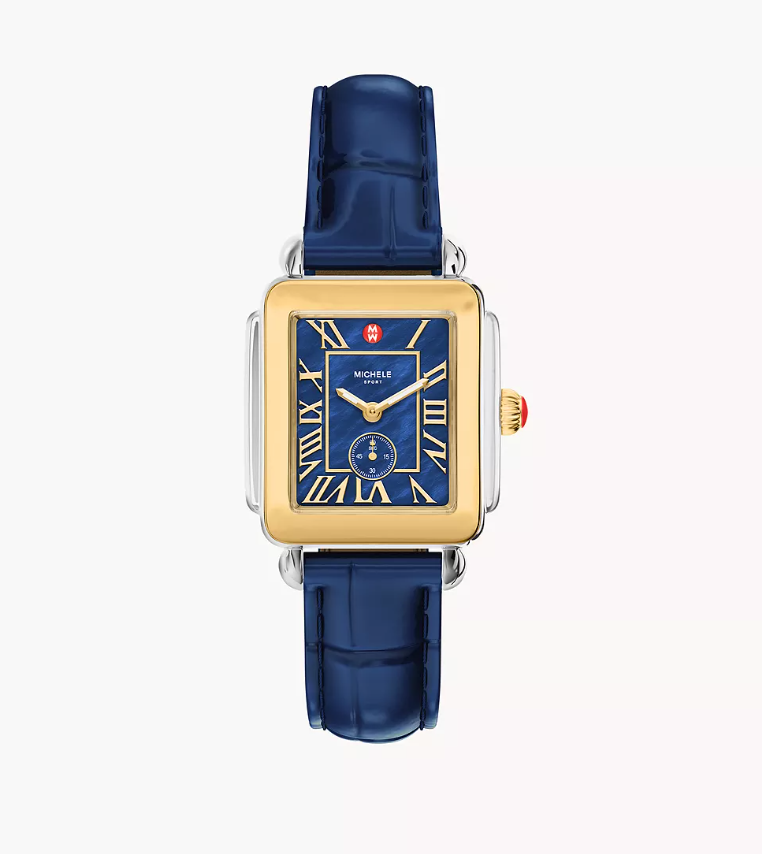 Michele Deco Sport Mid Two-Tone Navy Blue Mother-Of-Pearl Dial Leather Strap Watch
