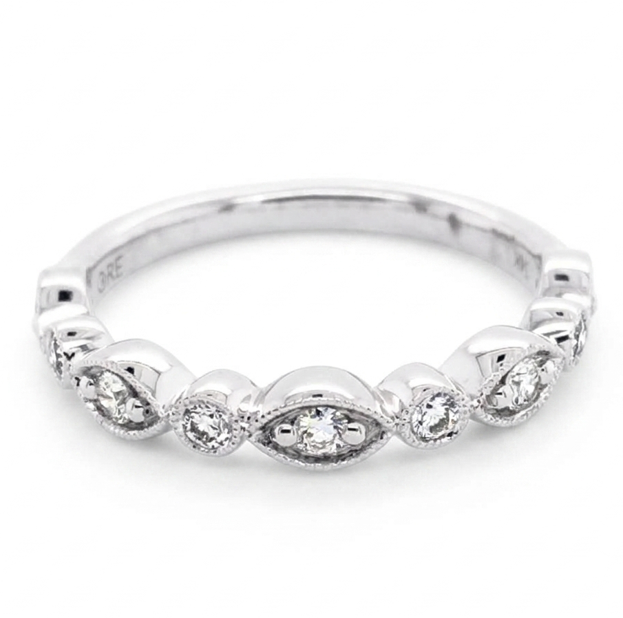 14K White Gold Alternating Milgrain Diamond Band