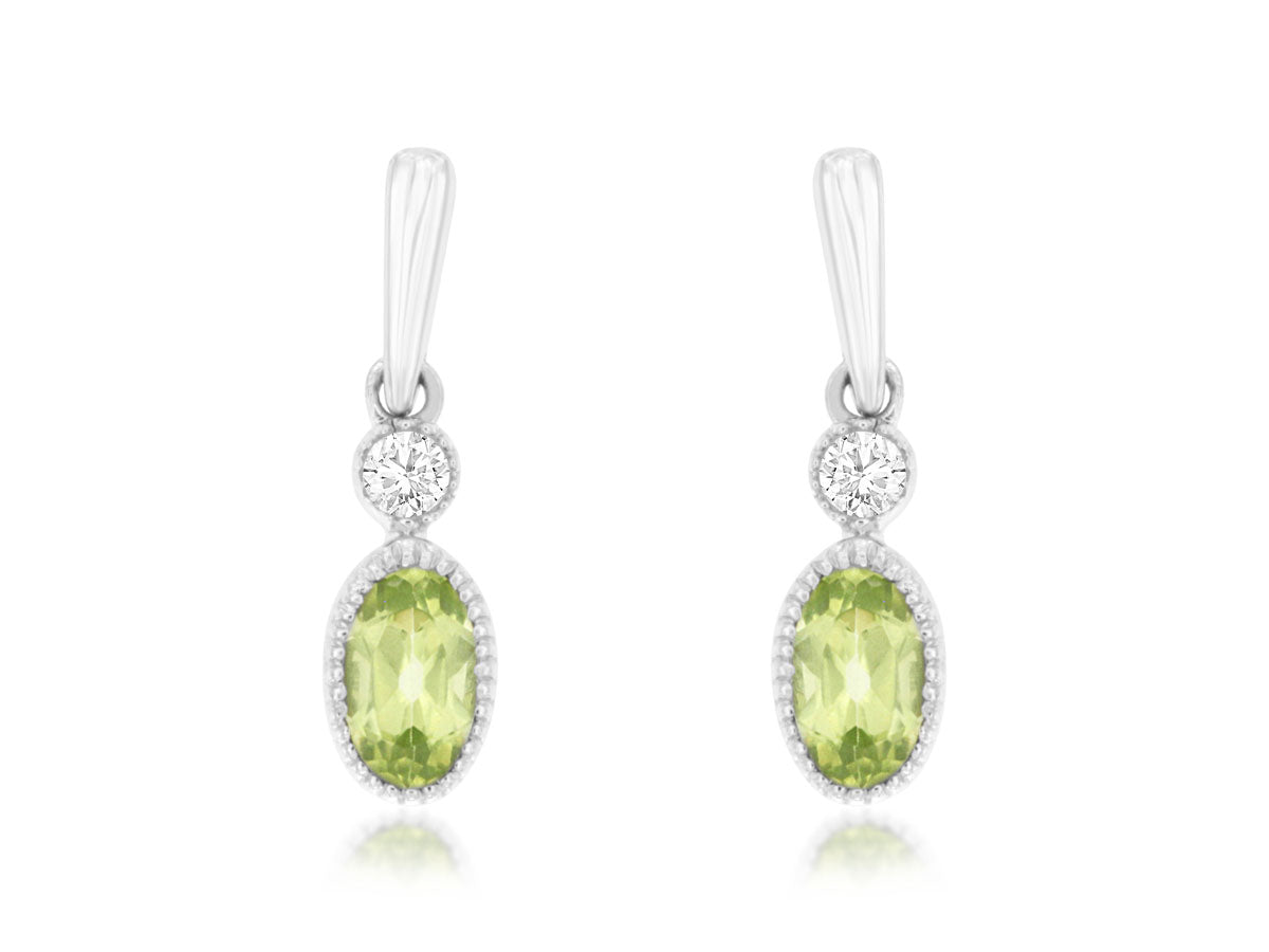 14K White Gold Oval Peridot & Diamond Earrings