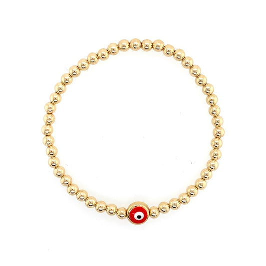Dee Berkley Gold Beaded Bracelet with Red Evil Eye Charm