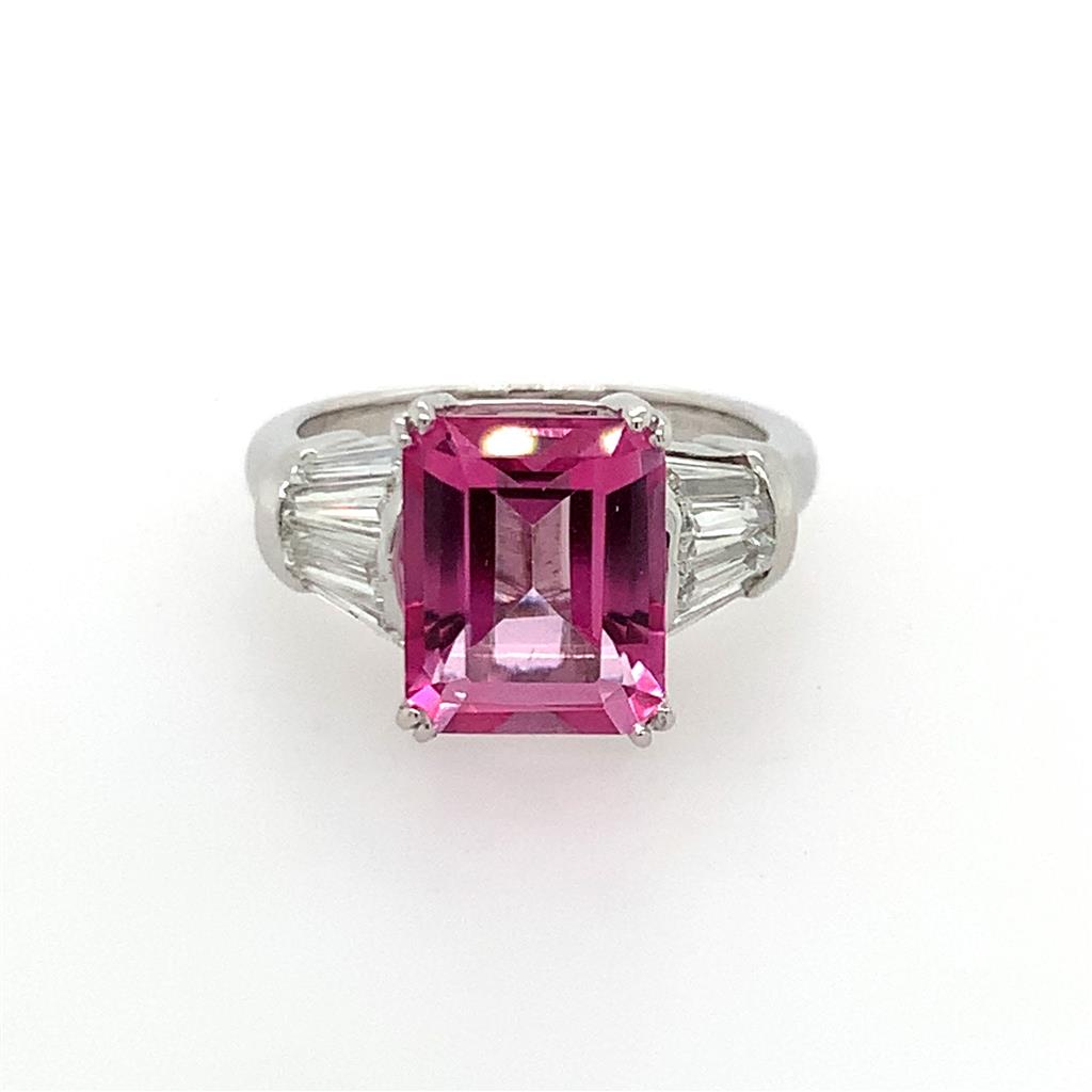 Estate Platinum Pink Topaz & Baguette Diamond Ring