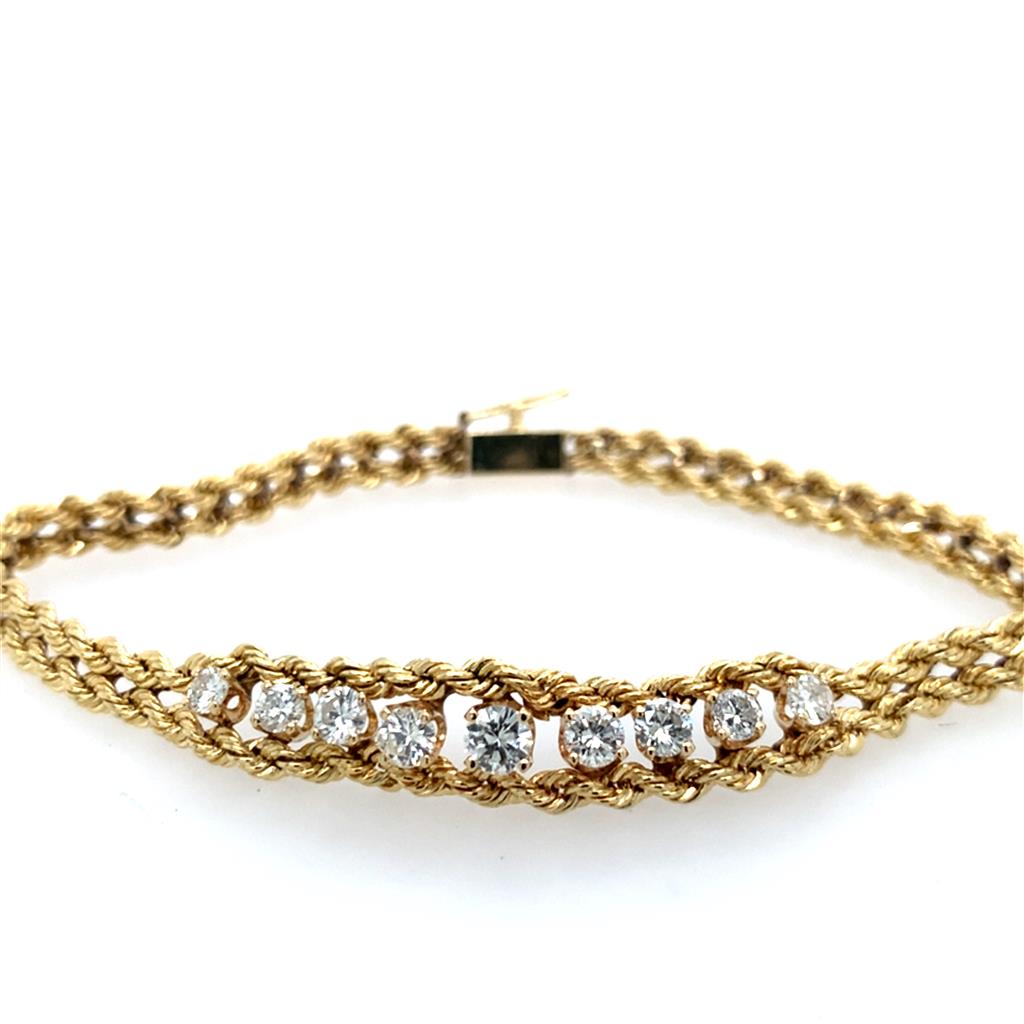 Estate 14K Gold 9 Stone Diamond Rope Bracelet