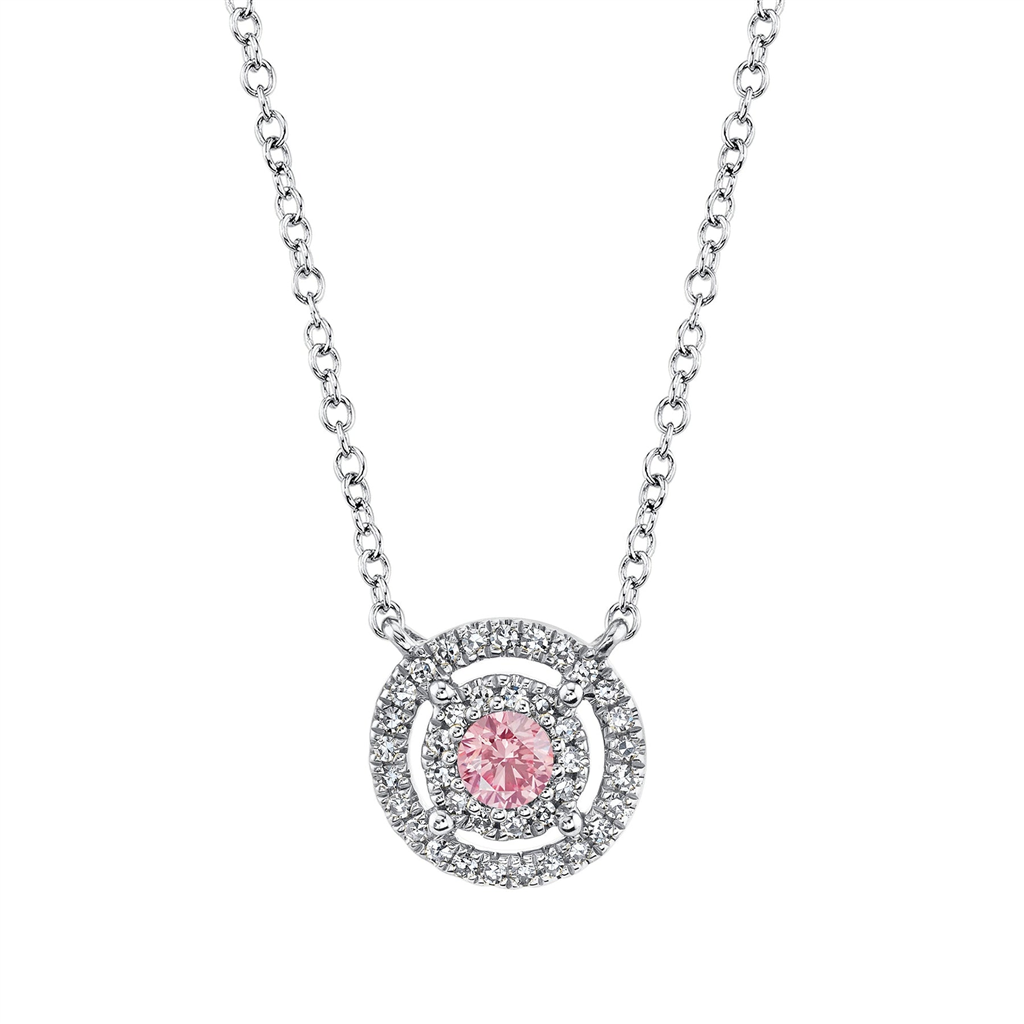 Shy Creation Pink Sapphire and Diamond Double Halo Pendant necklace
