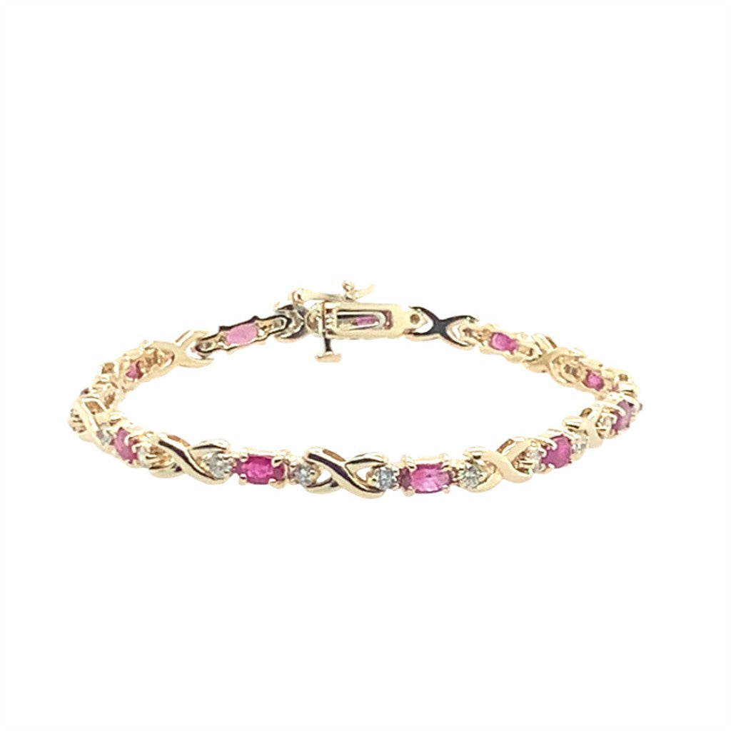 Estate 14K Yellow Gold Oval Ruby And Round Diamond Bracelet