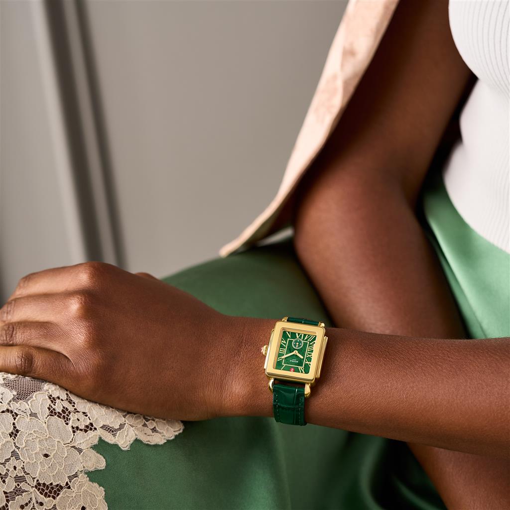 Michele Deco Sport Mid Gold-Plated Lush Green Leather Watch