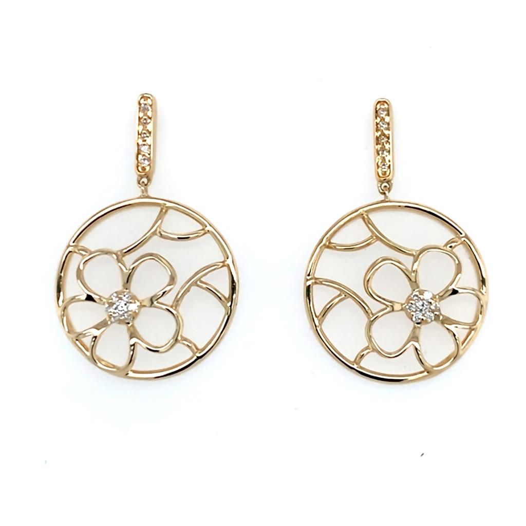 Estate 14Ky Gold Flower Dangle Diamond Earrings