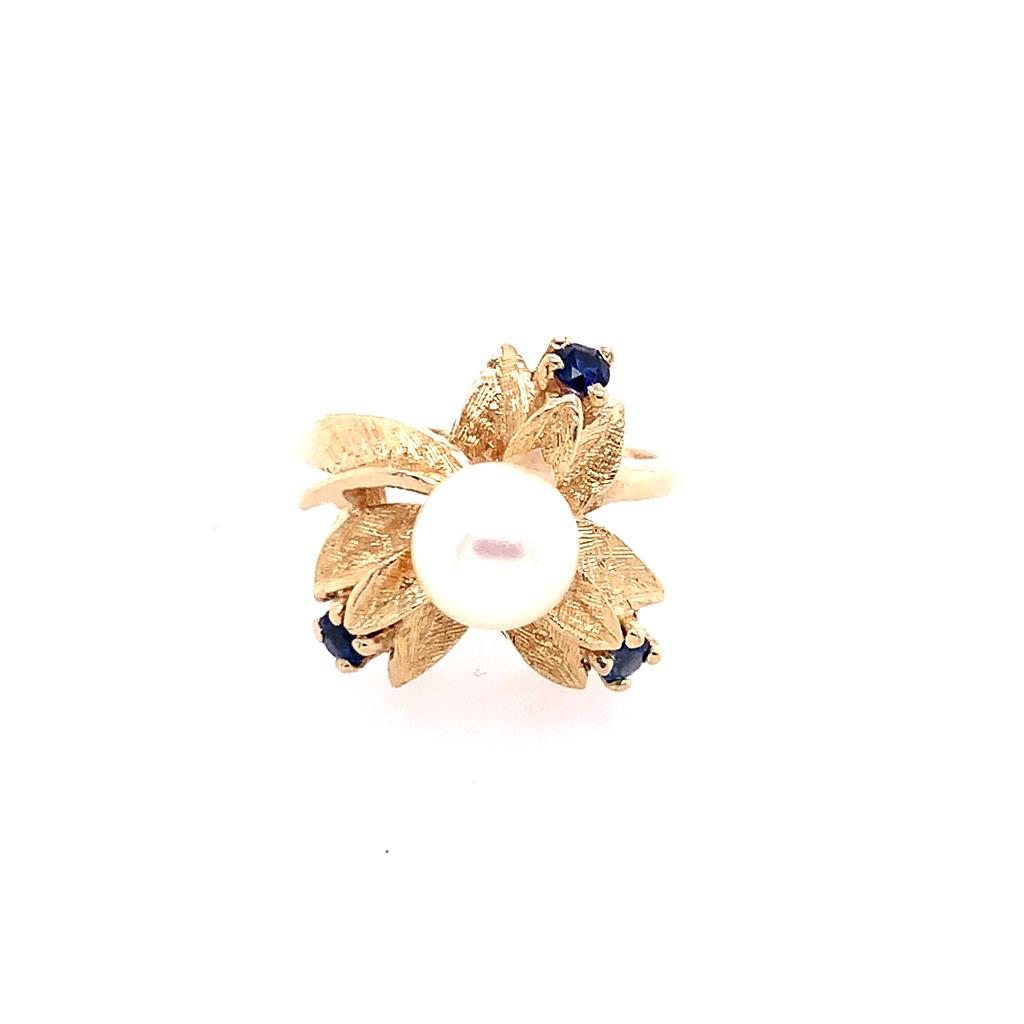 Estate 14K Gold Blue Sapphire And Pearl Ring