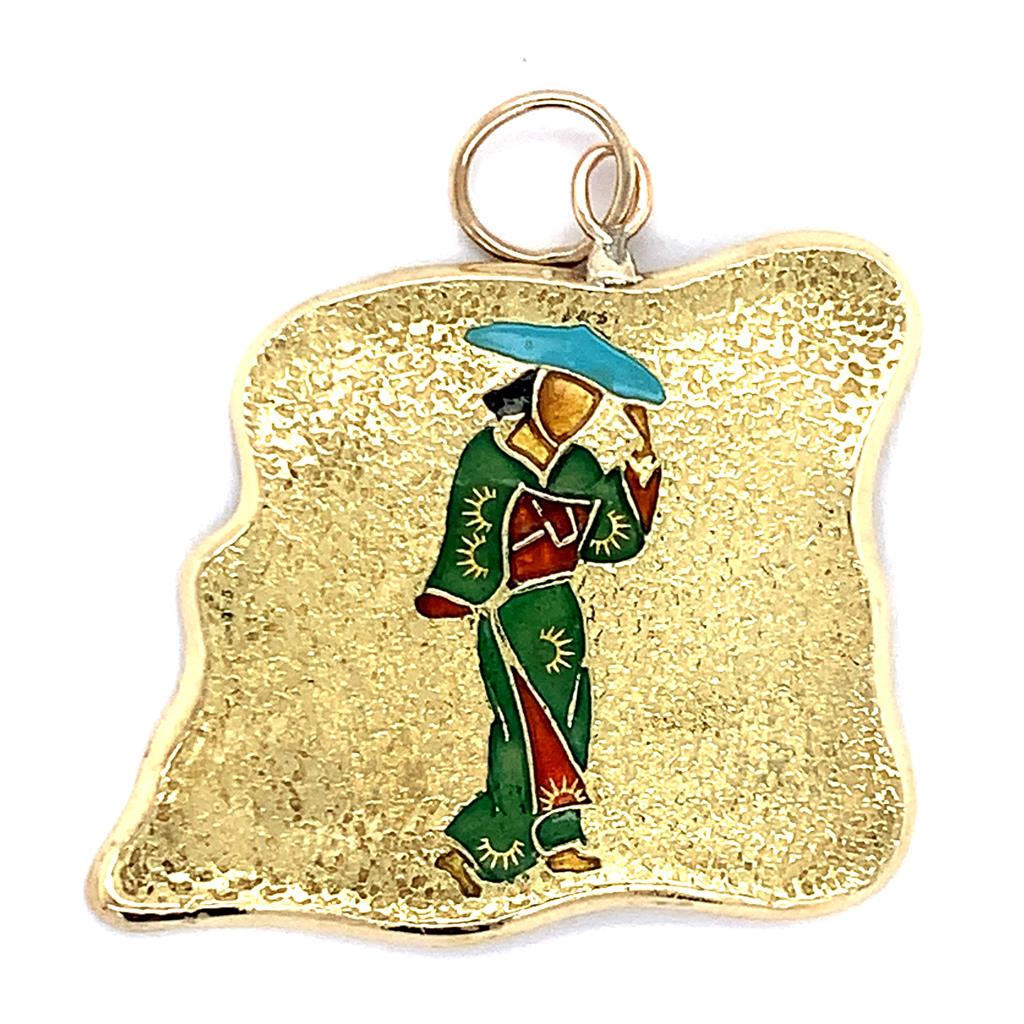 Estate 18K Gold Japanese Enamel Pendant
