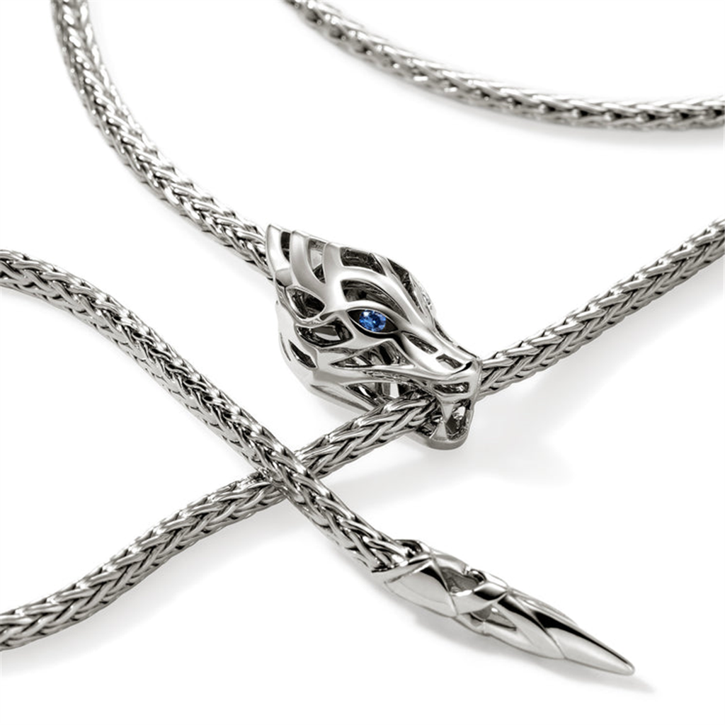 John Hardy Naga Silver Lariat Necklace with Blue Sapphire Eyes