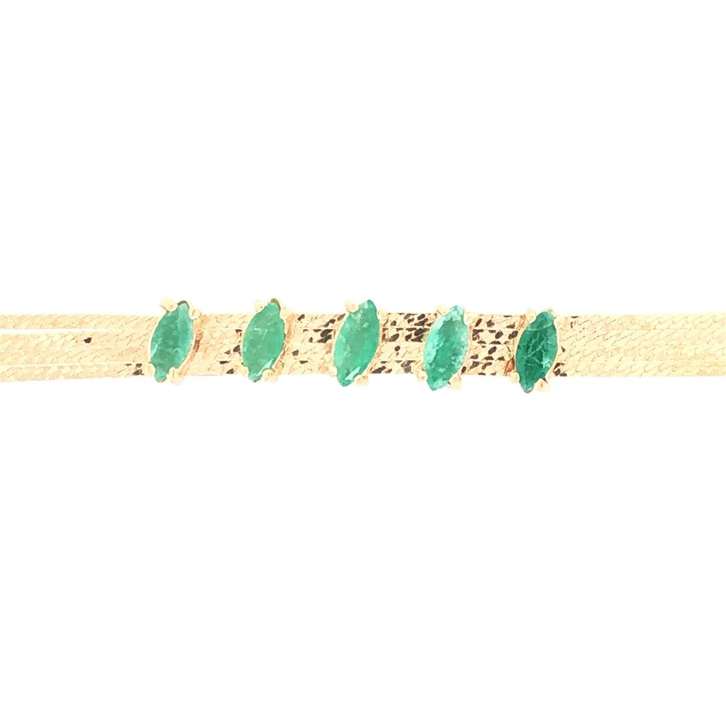 Estate 14K 5 Stone Marquise Emerald Herringbone Bracelet