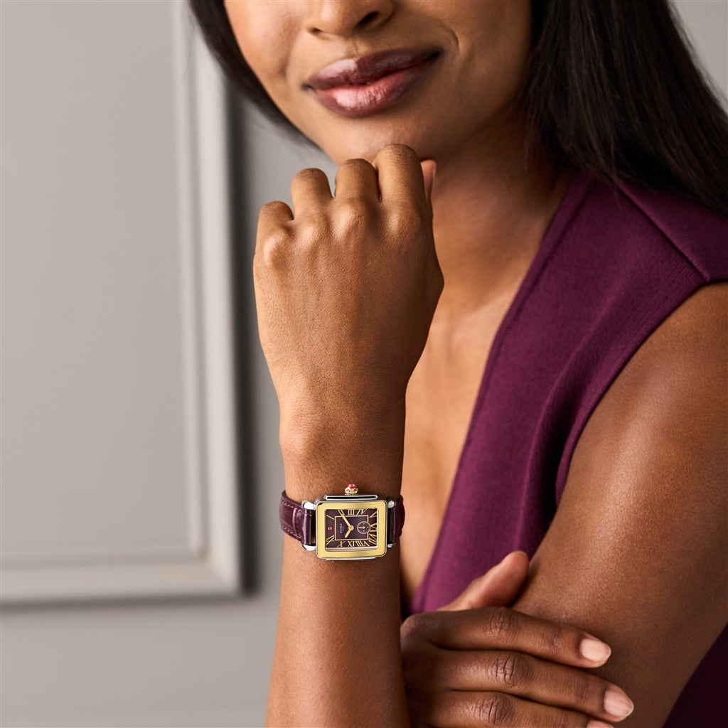 Michele Deco Sport Mid Gold-Plated Dark Cherry Leather Watch