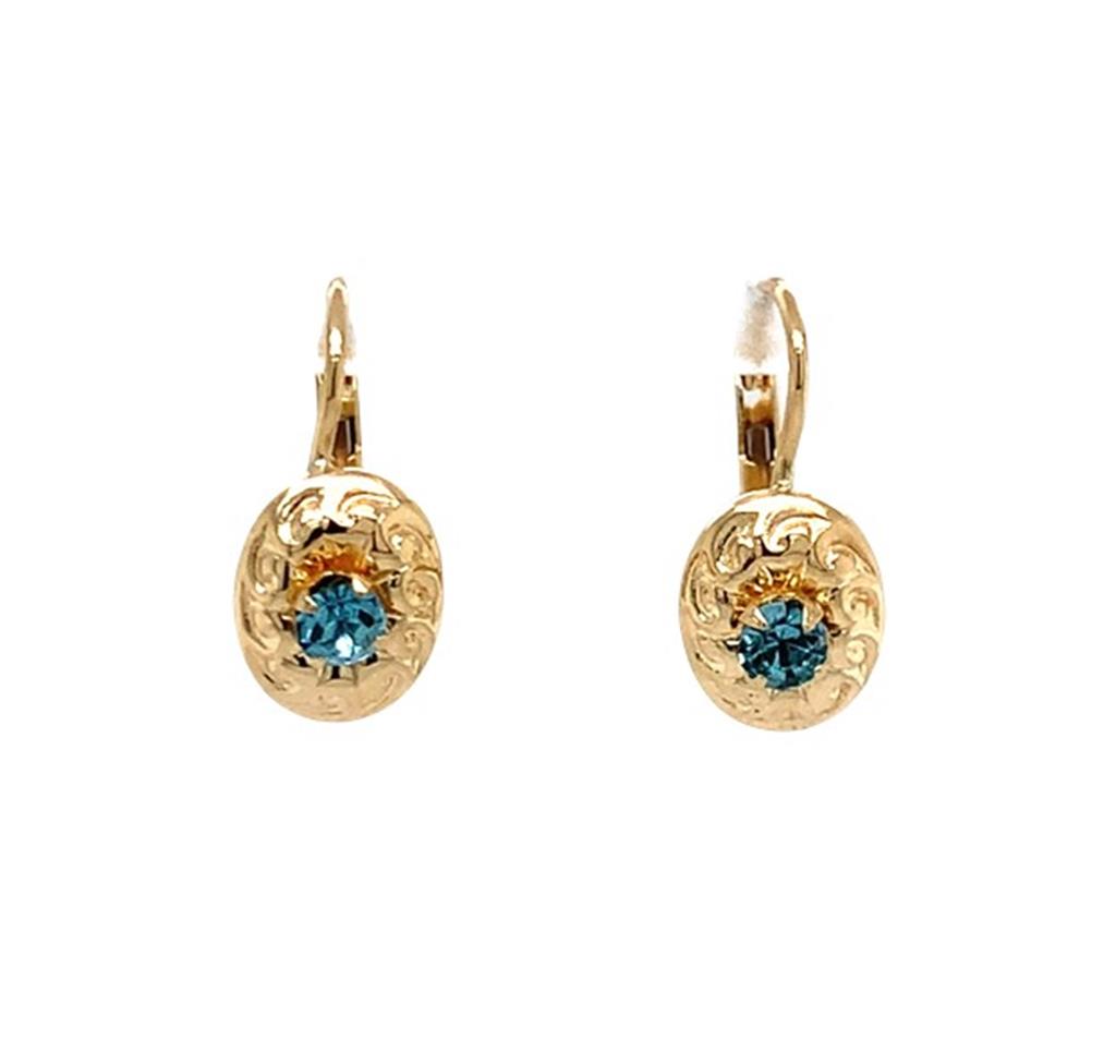 Estate 14K Gold Blue Stone Lever Back Earrings with Swirl Design