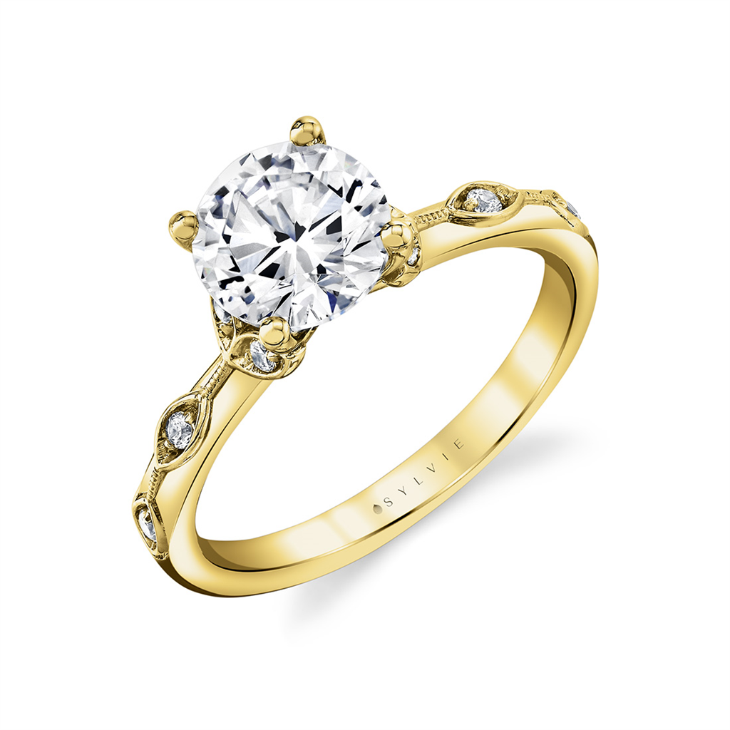 Sylvie 14K Yellow Gold Round Accented Diamond Leaf Semi Mount