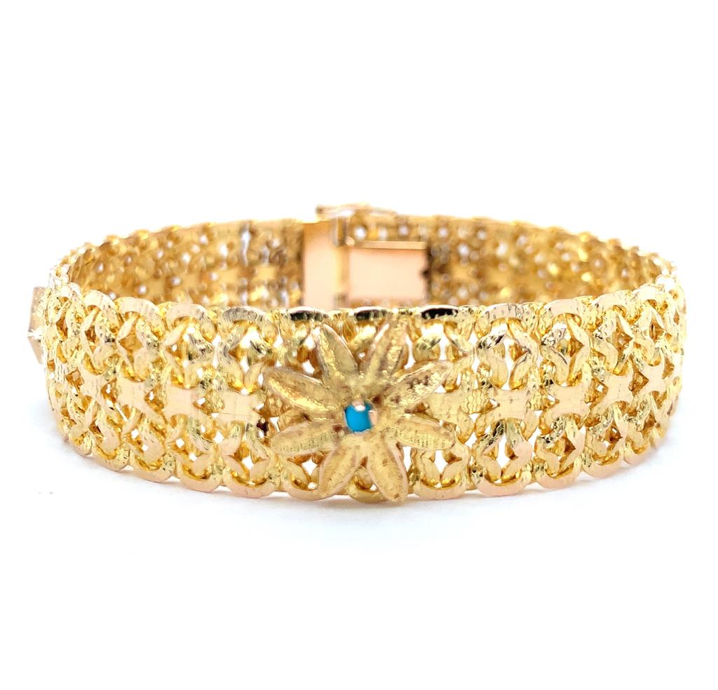 Estate 18K Gold Woven Bracelet with 3 Turquoise Stones