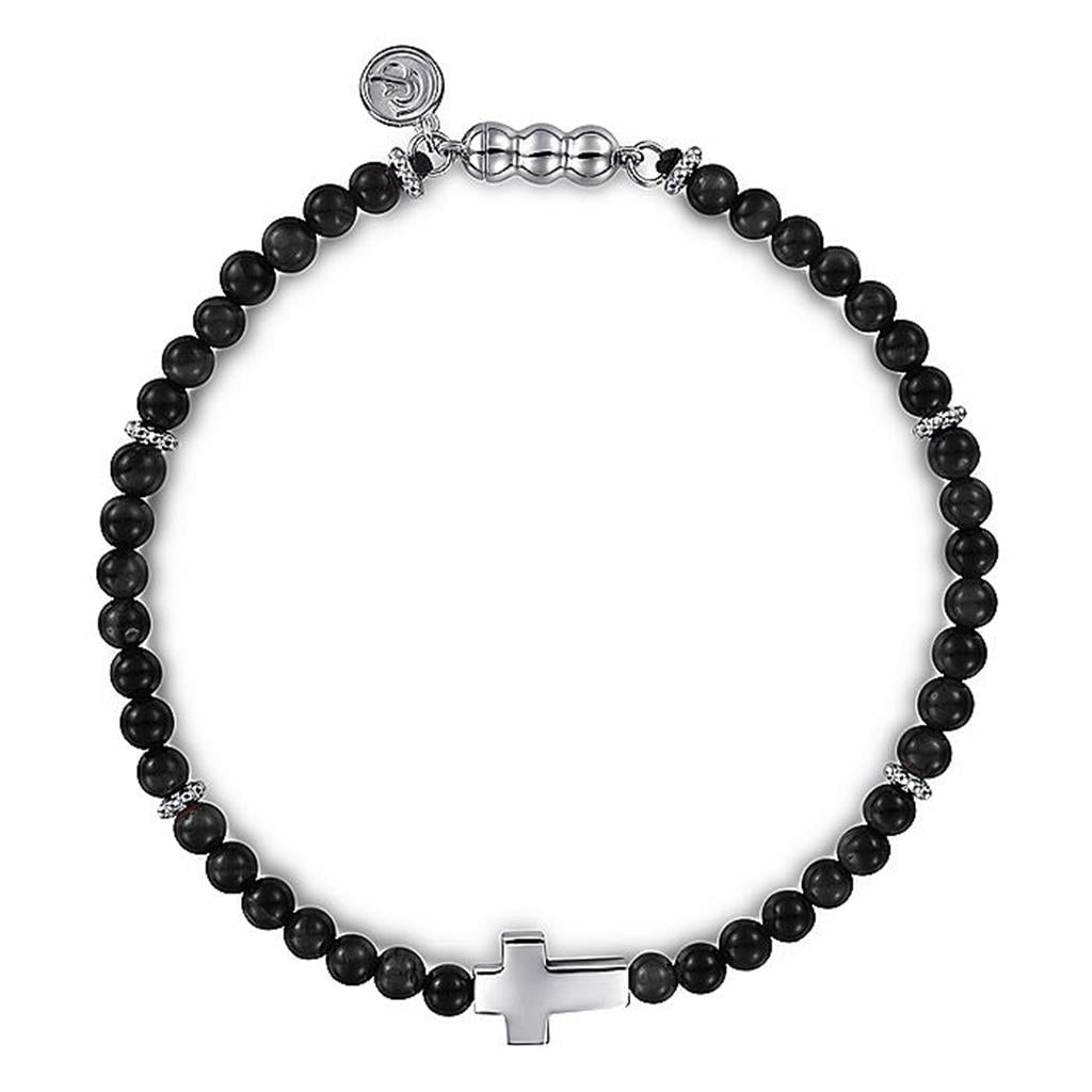 Gabriel Sterling Silver Cross & Onyx Beaded Bracelet