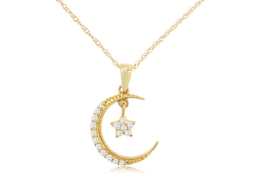 14K Yellow Gold Diamond Moon And Star Pendant Necklace