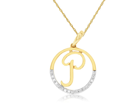 14K Yellow Gold Initial Diamond Letter "P" Pendant Necklace