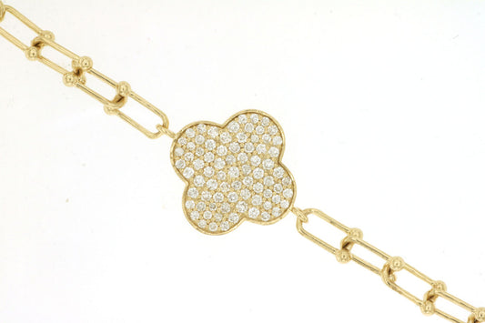 14K Yellow Gold Diamond Clover Station Chain Link Bracelet