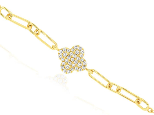 14K Yellow Gold Diamond Clover Station Chain Link Bracelet