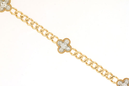 14K Yellow Gold Diamond Clover Station Chain Link Bracelet