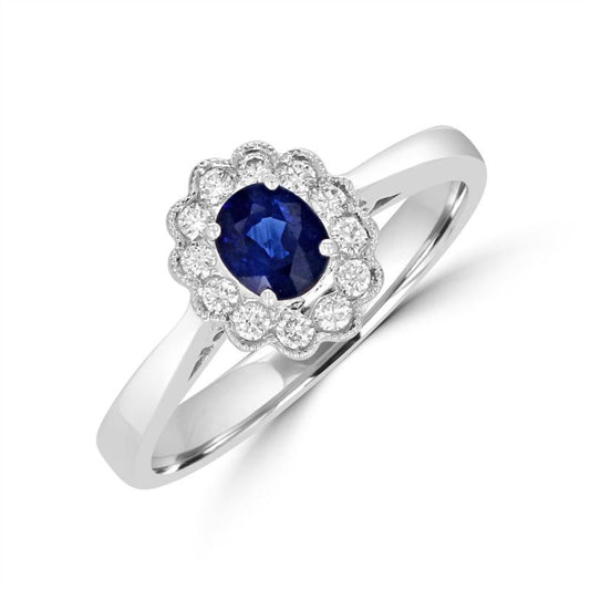 14K White Gold Blue Oval Sapphire & Diamond Halo Ring