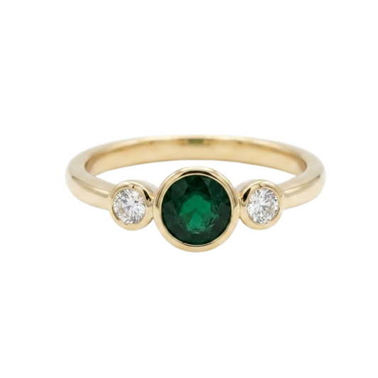 14K Yellow Gold Emerald And Diamond Bezel Ring