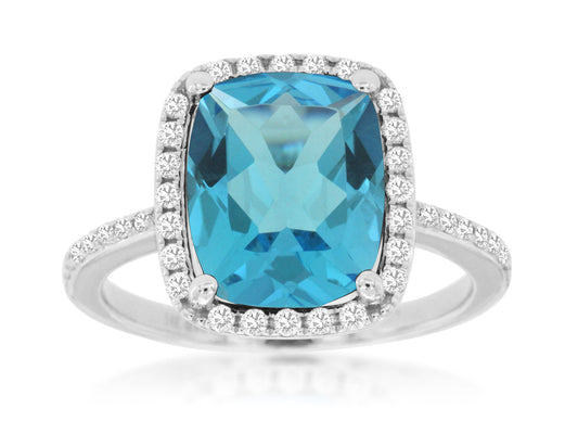 14K White Gold Diamond And Blue Topaz Ring