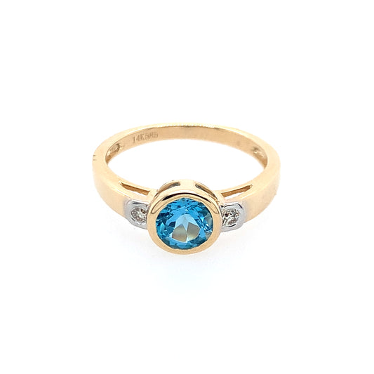 14K Yellow Gold Blue Topaz And Diamond Ring