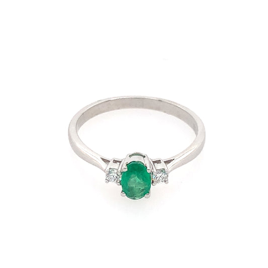 14K White Gold Emerald And Diamond Ring