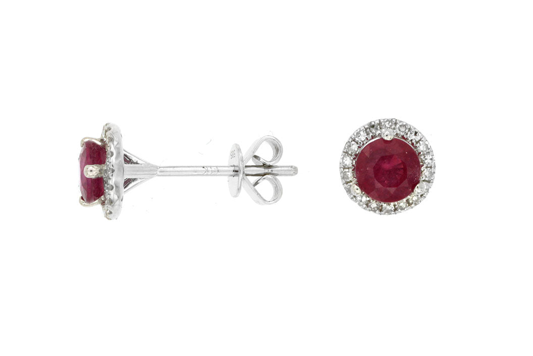 14K White Gold Ruby & Diamond Halo Earrings