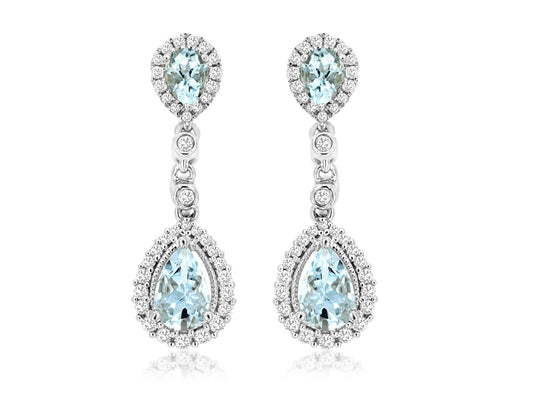 14K White Gold Diamond And Aquamarine Earrings