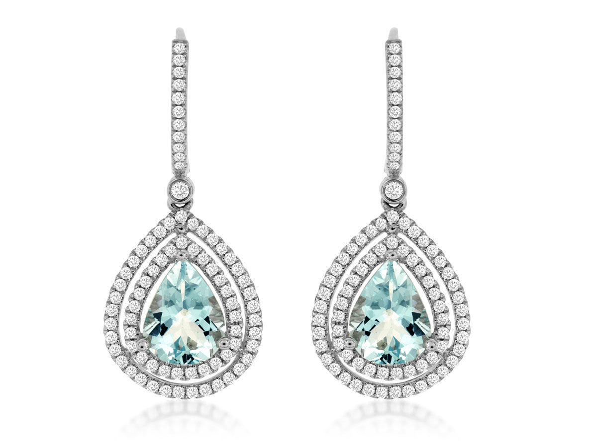 14K White Diamond And Aquamarine Earrings