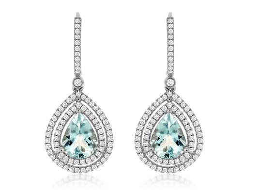 14K White Diamond And Aquamarine Earrings