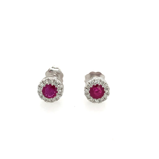 14K White Gold Ruby And Diamond Halo Earrings