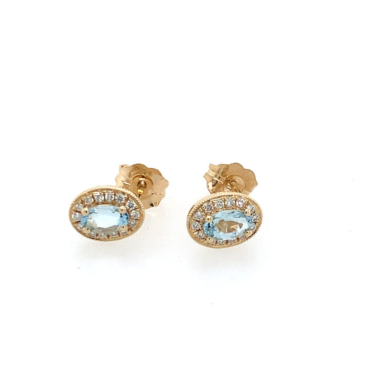 14K Yellow Gold Aquamarine And Diamond Studs