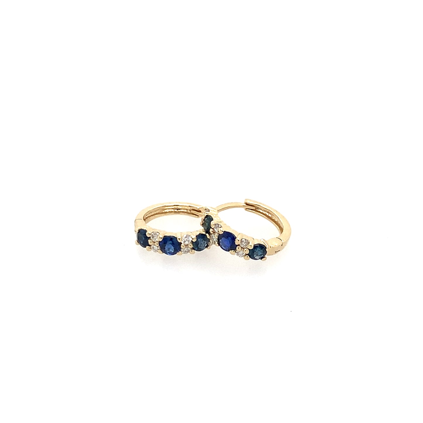 14K Yellow Gold Blue Sapphire And Diamond Huggie Earrings