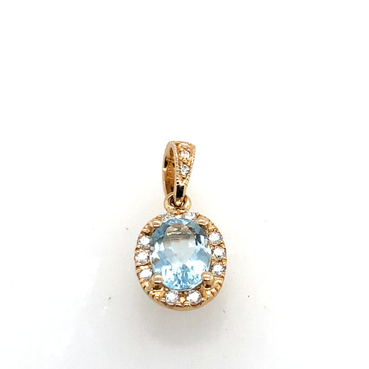 14K Yellow Gold Oval Aquamarine And Diamond Halo Pendant