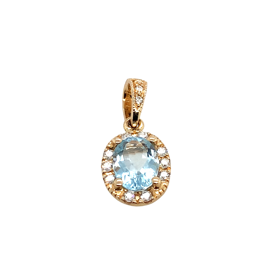 14K Yellow Gold Oval Aquamarine And Diamond Halo Pendant