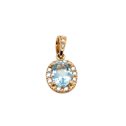 14K Yellow Gold Oval Aquamarine And Diamond Halo Pendant