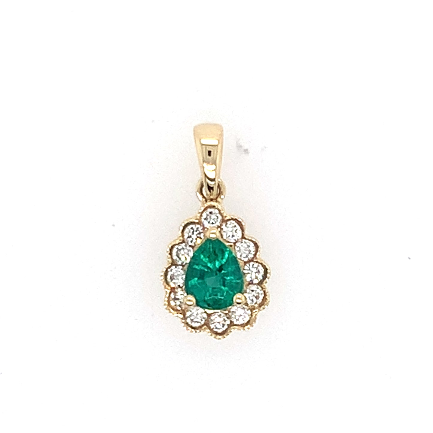 14K Yellow Gold Emerald And Diamond Halo Pendant